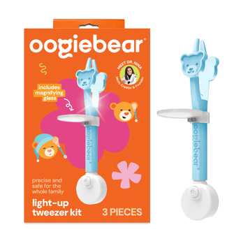 Oogiebear light-up tweezer kit with blue bear grip, white LED base, and 3 pieces