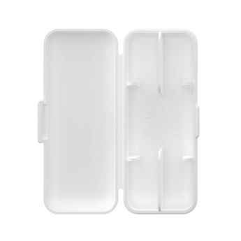 White plastic storage case shown open with a plain lid and molded compartments