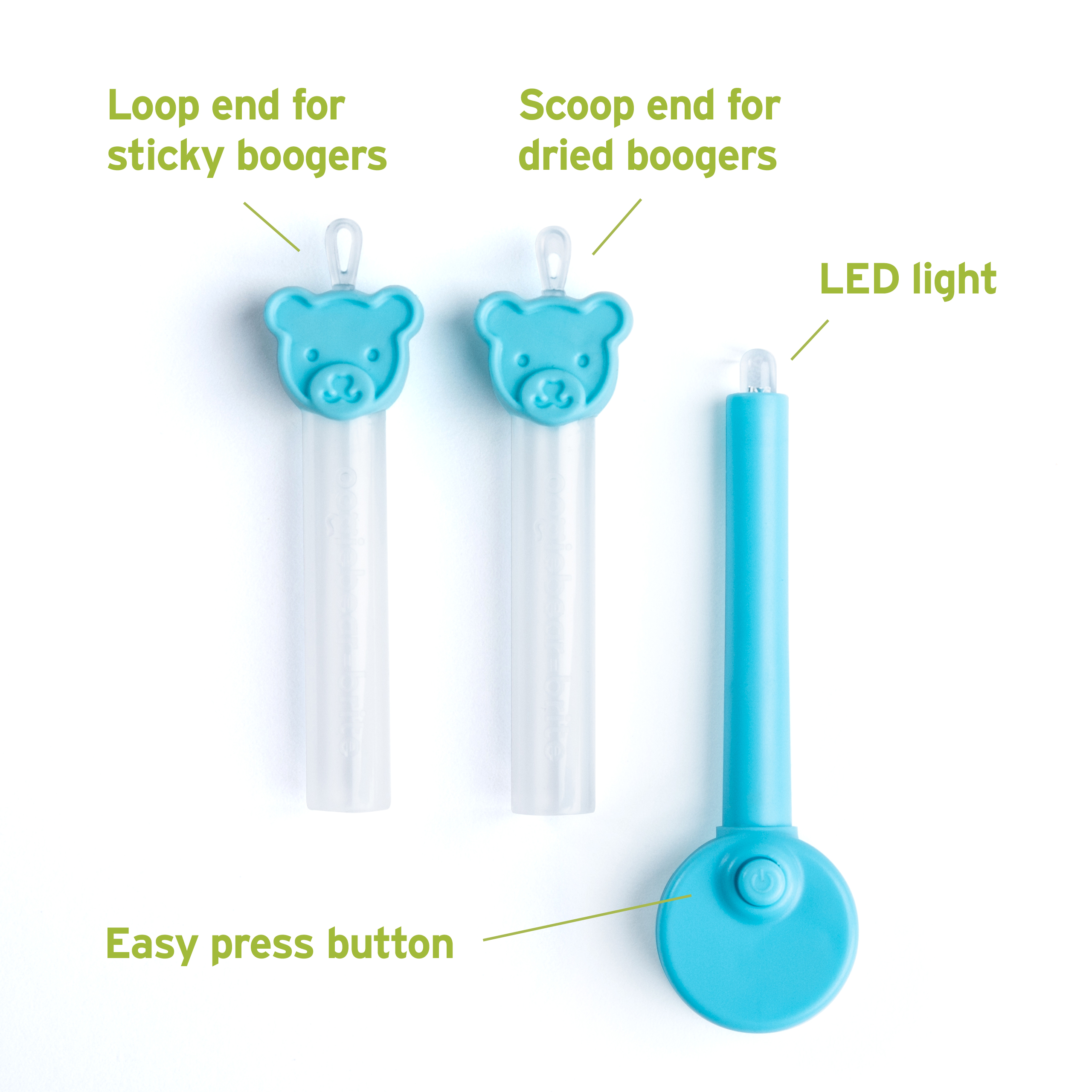 oogiebear brite with two ends, one for sticky boogers and one for dry boogers with led light and easy button