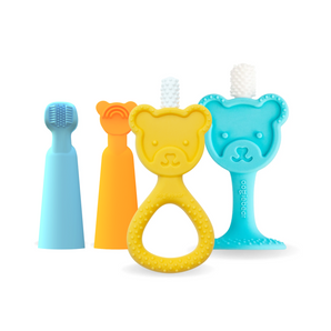 Baby teething kit with silicone ring teether and blue, orange, and yellow brush teethers